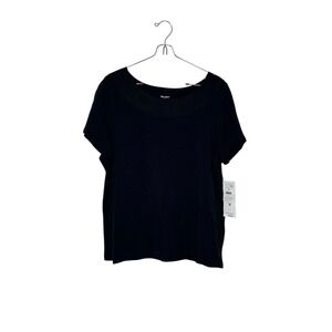 TanJay Women's Top Embroidered Eyelet Crew Neck Short Sleeve Black Medium NWT